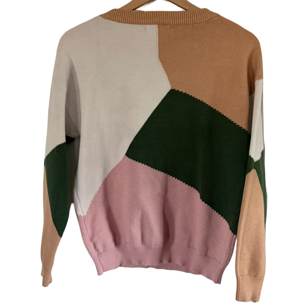 KIRUNDO Colorblock Knit Sweater – Tan, Ivory, Green & Blush | Size M - Picture 2 of 3
